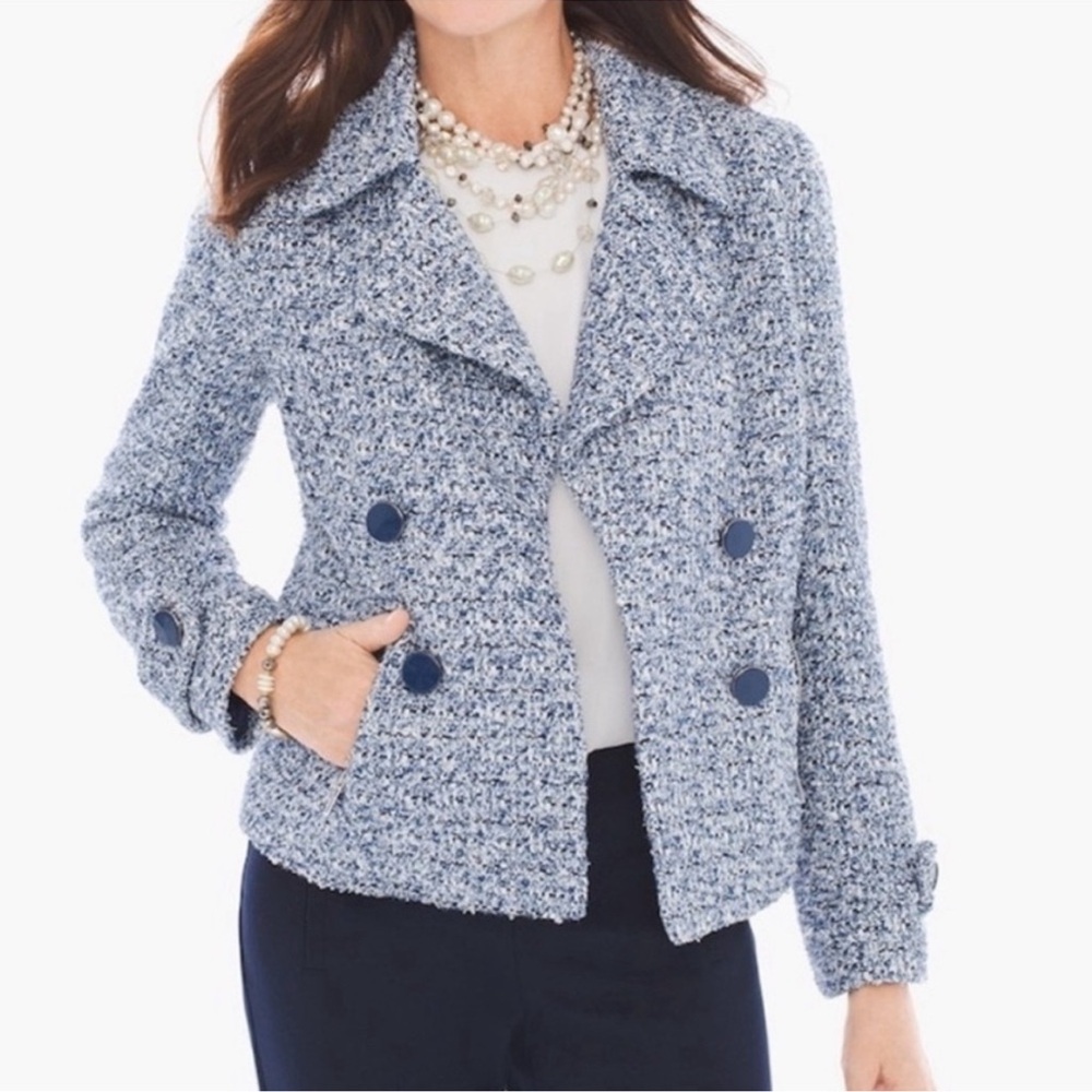 Chico’s Tweed Textured Blue White Shimmer Jacket Size 2